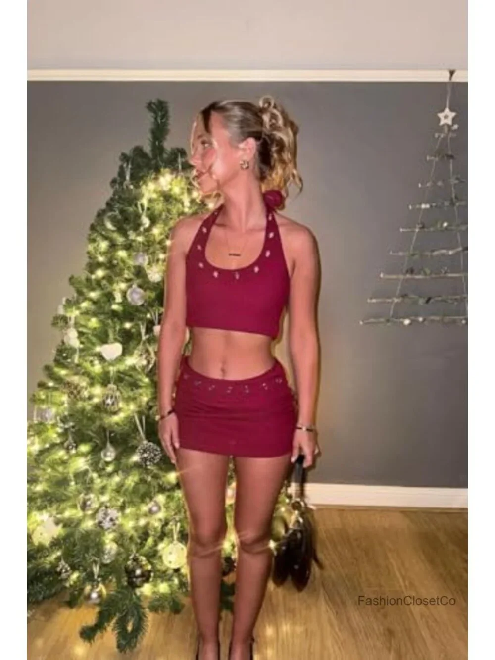 Ribbed Eyelet Halter Crop Top & Matching Bodycon Mini Skirt Set 2 Piece Outfit